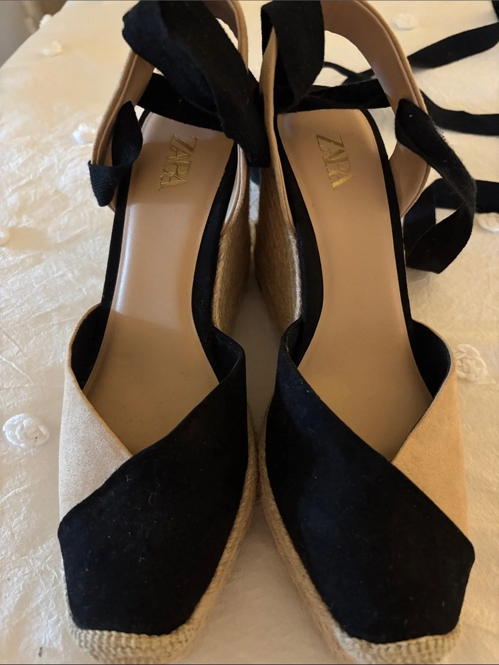 Zara Black and Beige Espadrille Wedge Sandals with Ankle Wrap